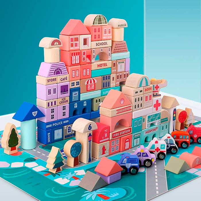 Sada také obsahuje puzzle podložku, na které mohou děti stavět město